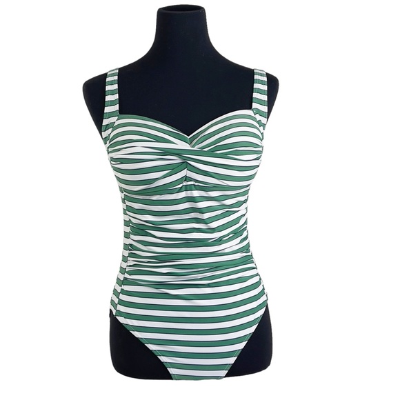 Nip Tuck Other - Nip Tuck One Piece Classic Twist Front Swimsuit Green White Black Stripes Sz 10